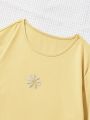 SHEIN Qutie Flower Embroidery Round Neck Long Sleeve T-shirt