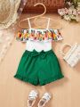 SHEIN Baby Girl Summer Vacation Floral Patterned Ruffle Hem Tank Top & Shorts Set