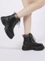 Women's Black Buckle Lace-up Short Boots, Fashionable Punk Work Biker Boots