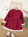 Baby Girl Snowflake Pattern Flounce Sleeve Ruffle Hem Sweater Dress