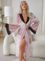 Women'S Lace Patchwork Bell Sleeve With Belted Waist Robe