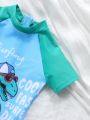 Young Boys' One-Piece Short Sleeve Dinosaur Printed Swimsuit