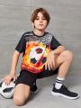 SHEIN Boys' Loose Fit Sporty Round Neck Printed Short Sleeve T-Shirt