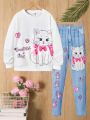 SHEIN Kids Nujoom Tween Girl 2pcs/Set Happy Cute Cat Print Knitwear