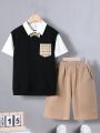 SHEIN Kids Academe Tween Boys' Casual Matching College Style 2-In-1 T-Shirt And Shorts Set