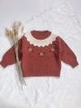 Young Girl Floral Embroidery Colorblock Scallop Trim Sweater