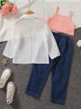 SHEIN Kids EVRYDAY Young Girl Pink Camisole Top And Blue Distressed Jeans Set