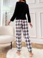 Women's Coffee Printed Long Sleeve T-shirt And Plaid Pants Pajama Set