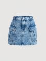 SHEIN Teenage Girls' Streetwear Y2k Snow Wash Denim Mini Skirt With Utility Pockets