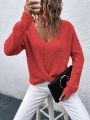SHEIN LUNE Solid Color Wrap Around Back Hollow Out Knit Sweater With Flounced Hem