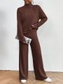 SHEIN Privé Solid Ribbed Knit High-Neck Drop Shoulder Top And Straight-Leg Pants