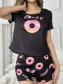 Donut And Letter Print Short Sleeve T-Shirt And Shorts Set