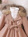 Young Girl Fuzzy Trim Hooded Belted Overcoat Without Sweater