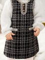 SHEIN 2pcs Baby Girls' Sleeveless Tweed Dress And Long Sleeve Shirt Set In