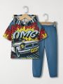 SHEIN Kids HYPEME Young Boy Cute Loose Fit Car Pattern Hooded Short Sleeve Top With Solid Knit Pants Set
