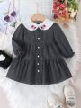 Baby Girls' Long Sleeved Denim Dress With Detachable Lace Trim, Can Be Worn 2 Ways