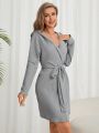 Women's Solid Color Casual Hooded Bathrobe