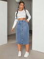 Women'S Solid Color Denim Skirt With Diagonal Pockets