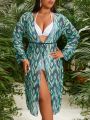 SHEIN Swim Vcay Plus Size Women's Geometric Printed Long Sleeve Kimono Cardigan