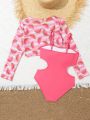 Girls' Watermelon Print One Piece Swimsuit With Cover Up Shirt, Summer