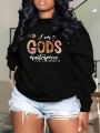 Plus Size Round Neck Drop Shoulder Sleeve Casual Sweatshirt With Text Print
