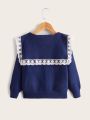 Young Girl Floral Embroidery Statement Collar Cable Knit Cardigan