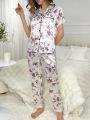 Imitation Silk Floral Print Pajama Set With Lace Trim