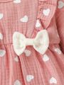 Newborn Baby Girls' Heart Print Jumpsuit With Bowknot Decor And Matching Headband