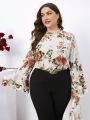 SHEIN Clasi Plus Size Floral Printed Flared Sleeve Stand Collar Shirt