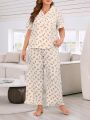 Plus Size Women's Flower Print Shirt And Ruffle Hem Long Pants Pyjama Set