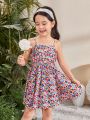 SHEIN Young Girl Woven Floral Print Spaghetti Strap Fit & Flare Dress