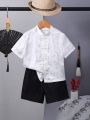 2pcs Set Of Casual And Comfortable Cool Plate Buckle Outfit With Color Collision And Traditional Chinese Style For Young Boys In Summer.