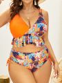 SHEIN Swim Vcay Plus Size Women'S Palm Tree Print Swimwear Set