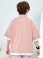 SHEIN Kids KDOMO Tween Boy Casual Color Block Sleeves Button Down Loose Fit Shirt