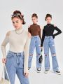 SHEIN 3pcs/set Teen Girls' Knit Ribbed Off Shoulder Mock Neck Long Sleeve T-shirts