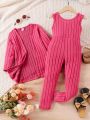 Toddler Girls' Ribbed Knit Sleeveless Jumpsuit With Cardigan Twinset