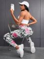 SHEIN Yoga Floral High-waisted Athletic Leggings With Floral And Skull Graphics