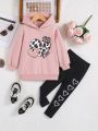 SHEIN Kids EVRYDAY Young Girl Heart & Letter Graphic Hoodie & Leggings