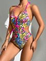 SHEIN Swim Vcay Women'S Full Print Criss-Cross Strap Halter Backless One-Piece Swimsuit