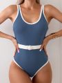 SHEIN Swim SPRTY Ladies' Color Block & Border Design One-Piece Swimsuit