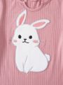 SHEIN Kids KDOMO Girls' Cartoon Rabbit Patch Slim Fit Dress With Sleeves