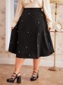 SHEIN DECDS Plus Size Pearl Bead Studded Flared Skirt