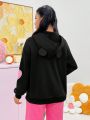 SHEIN Qutie Women's Character Slogan Print 3d Ear Decorated Zippered Hoodie