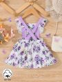 Baby Girl Spring & Summer Purple Floral Printing & Ruffled Edge Casual Suspender Dress