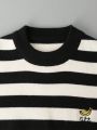 Little Girls' Banana Embroidered Striped Sweater With Round Neckline