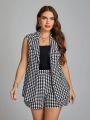 SHEIN Clasi Plus Houndstooth Print Vest Blazer & Shorts