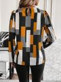 Plus Geometric Color Block Round Neck Shirt