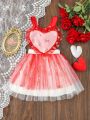 SHEIN Kids QTFun Young Girl'S Cute Heart-Shaped Mesh Patchwork Sleeveless Dress For Spring/Summer