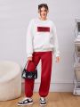 Teen Girls' Knitted Sweater And Pants Set With Letter Printed Round Neck