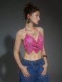 Anewsta Draped Collar Tie Backless Rhinestone Crop Halter Top